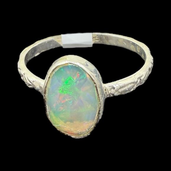 Rose Cut Oval Ethiopian Opal Ring 925 Sterling Silver Size 8 Carved Band - Picture 2 of 4